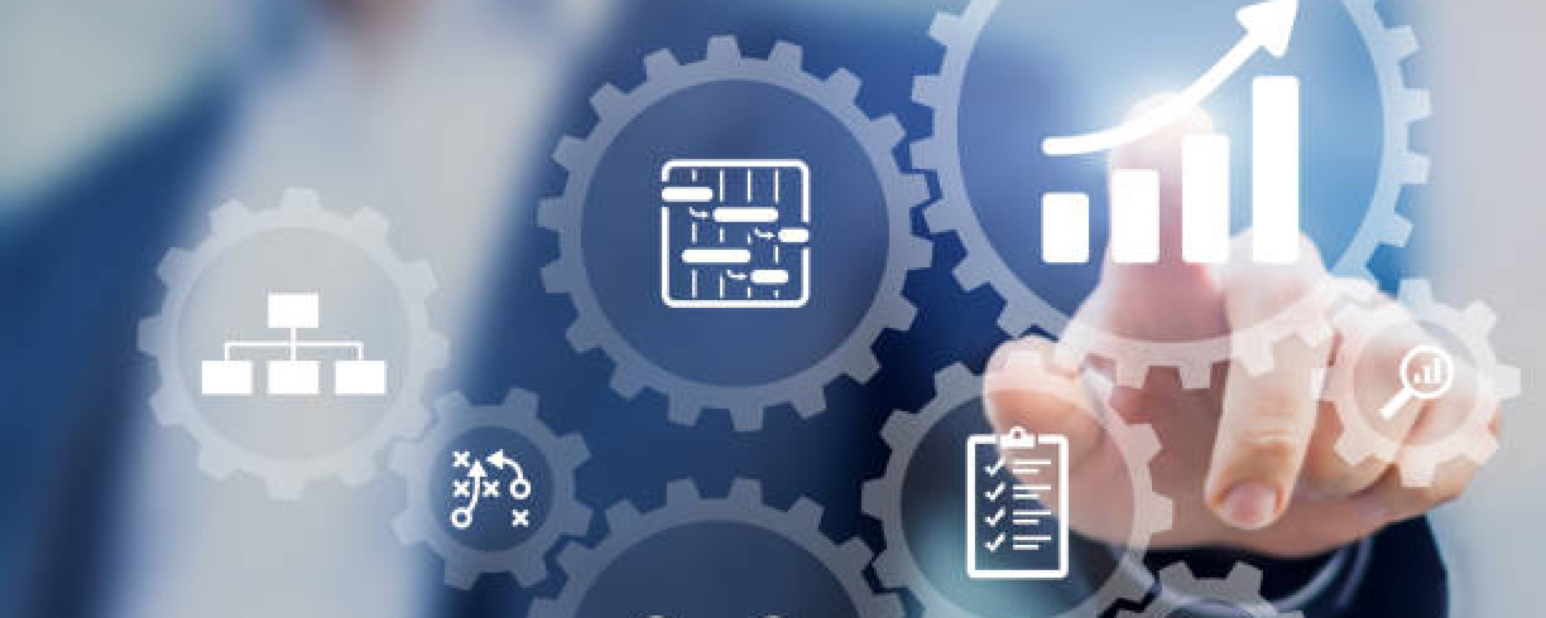 Professional project manager presenting management skills concepton interface with icons of planning schedule of tasks and deliverables, budget, team work, scope, risks, strategy, with gears